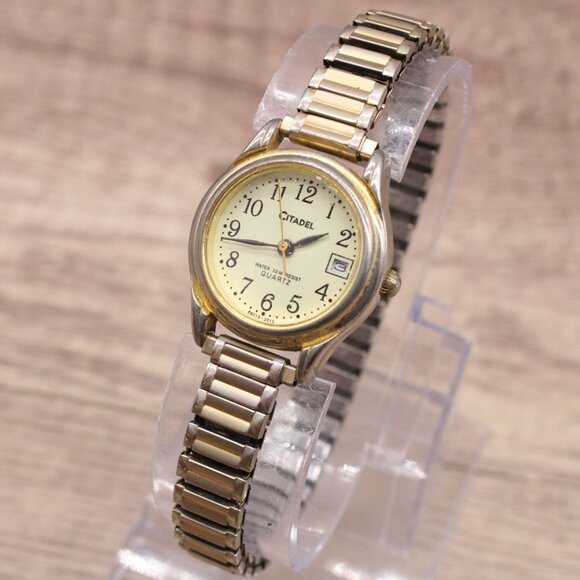 Vintage Citadel Watch Womens Gold Tone Stainless Steel Classic Beige Date Dial - Picture 4 of 8